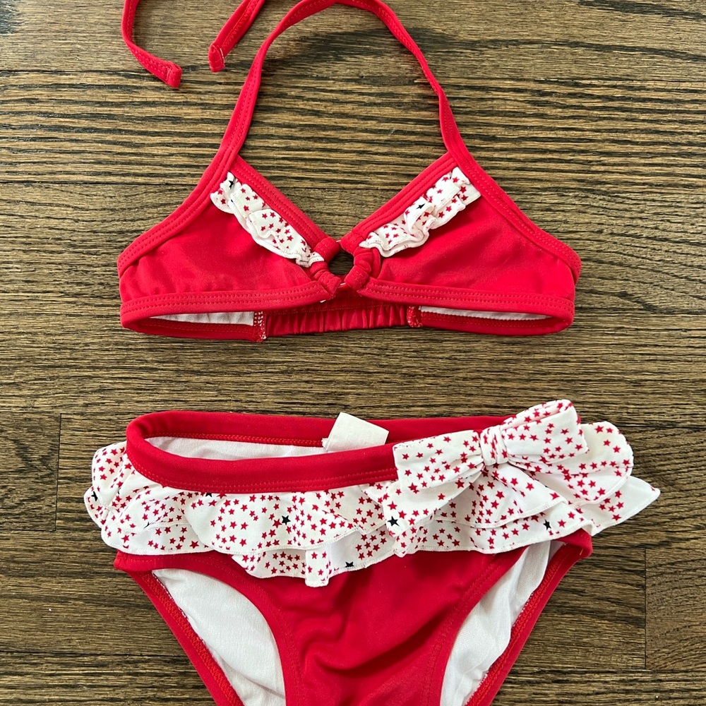 Janie and Jack Red and White Bikini with Lace Trim